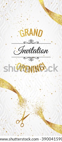 Grand opening vertical banner. Text with  confetti, golden splashes  and ribbons.Gold sparkles.  Elegant style. Vector Illustration