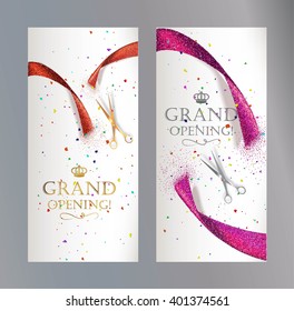 Grand Opening vertical banners with abstract red and pink ribbon  and scissors