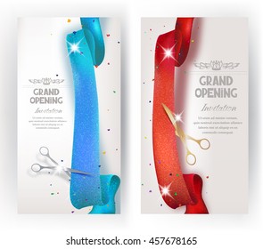 Grand Opening vertical banners with sparkling red and blue ribbon  and scissors. Vector illustration