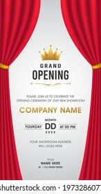 Grand opening Vertical Invitation Card on Grey background with Red Curtain and golden Crown