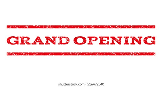 Grand Opening watermark stamp. Text tag between parallel lines with grunge design style. Rubber seal stamp with dust texture. Vector red color ink imprint on a white background.