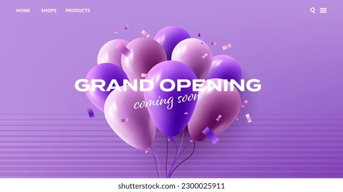 Grand Opening web banner with Balloons and confetti in purple and violet colors