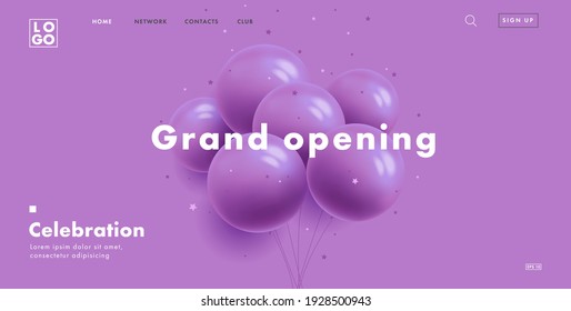 grand opening web banner with bunch of round purple air balloons on purple background, modern style landing page design with interface elements