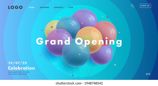 grand opening web banner with bunch of round transparent air balloons on blue background with circles, modern style landing page design with interface elements