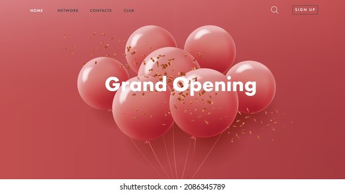 grand opening web banner with bunch of round red air balloons on red background with golden confetti, modern style landing page design with interface elements