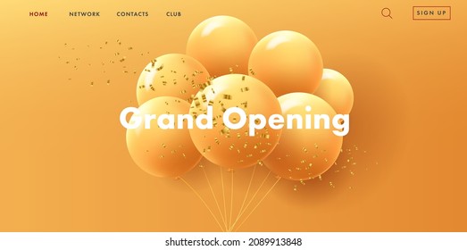 grand opening web banner with bunch of round red air balloons on red background with golden confetti, modern style landing page design with interface elements