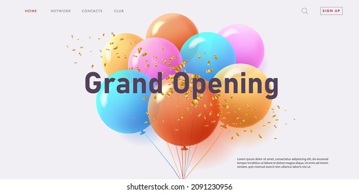 grand opening web banner with bunch of round colorful air balloons on red background with golden confetti, modern style landing page design