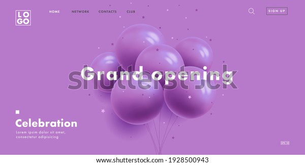 grand opening web banner with bunch of round\
purple air balloons on purple background, modern style landing page\
design with interface\
elements