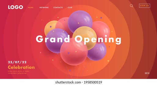 Grand opening web banner for circus grand opening with bunch of round air balloons on red background with circles spreading from center with interface elements