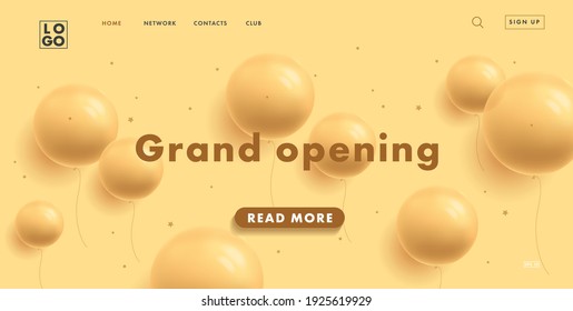 grand opening web banner for shopping mall website home page placeholder with yellow round 3d balloons on yellow background, interface elements