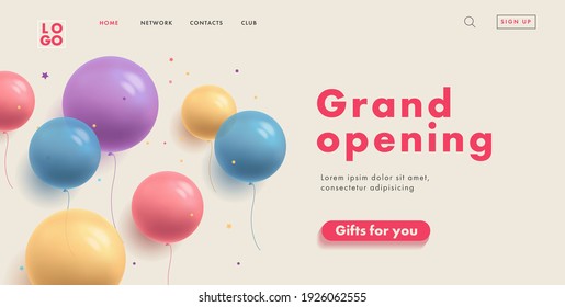 grand opening web banner for shopping mall website home page with multicolored transparent round balloons and button gifts for you, digital advertising
