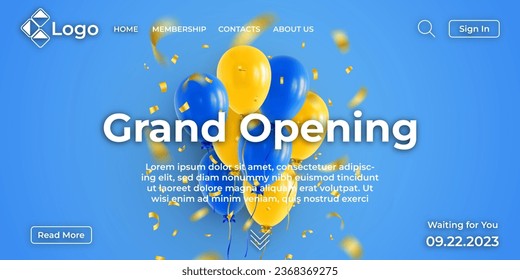 Grand opening website, landing page or web banner design template. Home page of website dedicated to the opening of a shopping mall with balloons and golden confetti. Realistic 3D vector illustration