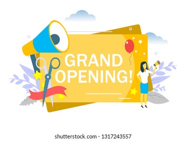 Grand opening, woman speaking through megaphone. Vector flat illustration for web banner, website page etc.