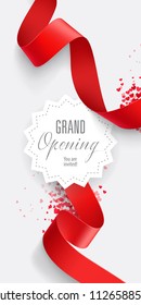 Grand opening You are invited lettering. Text in geometric shape with red ribbons and hearts. Illustration with lettering can be used for invitation cards, layout, posters and leaflets