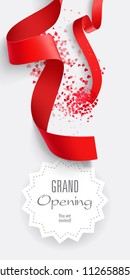 Grand opening You are invited lettering with red ribbons. Text in geometric frame with falling ribbons. Illustration with lettering can be used for invitation cards, layout, posters and leaflets