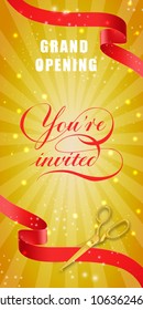 Grand opening, you are invited vertical banner design with gold scissors cutting red ribbons on yellow glittering background. Lettering can be used for invitations, signs, posters.