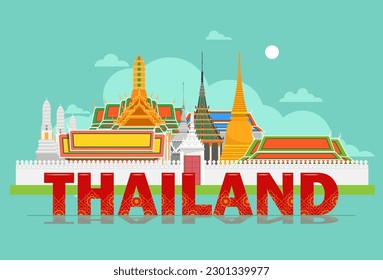 Grand palace ancient famous architecture south east asia thai art tradition culture building in blue sky background, unique landmark destination of bankok thailand. Asia travel banner poster design.