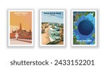 Grand Palace, Bangkok, Thailand. Great Blue Hole, Belize. Great Ocean Road, Australia - Set of 3 Vintage Travel Posters. Vector illustration. High Quality Prints