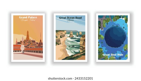 Grand Palace, Bangkok, Thailand. Great Blue Hole, Belize. Great Ocean Road, Australia - Set of 3 Vintage Travel Posters. Vector illustration. High Quality Prints