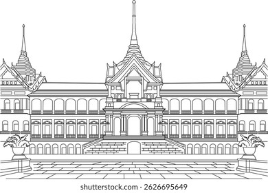Grand Palace Bangkok Thailand Line Art Illustration, Vector line art illustration of the iconic Grand Palace in Bangkok, Thailand. This detailed black and white outline drawing captures the unique