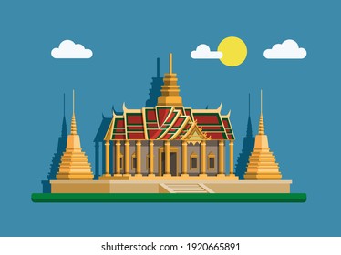 Grand Palace Golden Pagoda. Bangkok, Thailand Landmark Building Concept In Flat Cartoon Illustration Vector
