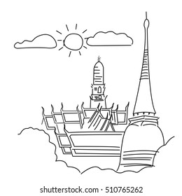 The Grand Palace (Wat pra kaew) Temple of the Emerald Buddha ,full official name Wat Phra Si Rattana Satsadaram in Bangkok ,Thailand, vector, illustrator drawing sketch design