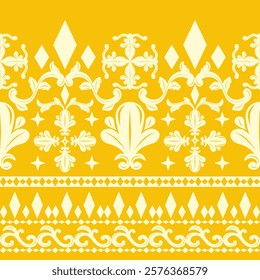 Grand Palatial Finely Decoration Silk Weaves Royal Light Gold Silk Scroll Ornament Embroidery on Yellow Background Pattern. Elaborate Exquisite Neatly Arranged Border for Opulence Luxury Rich Style