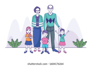 grand parents couple with kids family characters vector illustration design