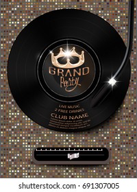 Grand party banner with vinyl plate and sparkling background. Vector illustration