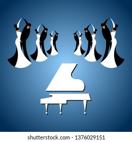 Grand piano in the ballroom. Six couples dancing classical dance. Design for retro party, invitation card, music banner, concert poster, catalogs, information, ballroom, disco club. Vector flat style.