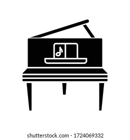 Grand piano black glyph icon. Acoustic music concert. Classical musical instrument to perform with orchestra. Culture and entertainment. Silhouette symbol on white space. Vector isolated illustration