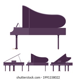 Gran piano, gran instrumento musical clásico negro para dar conciertos, grabar, competir. Ilustración de dibujos animados de estilo plano vectorial aislada, fondo blanco, diferentes vistas, posiciones