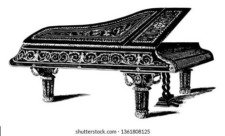 Grand Piano Is Designed With Inlaid Ebony And Ornamented In Gold Relief Scrolls, Vintage Line Drawing Or Engraving Illustration.