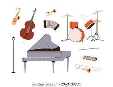 Grand piano, drum kit, trumpet, double bass, flute, jazz saxophone, trombone, squeezebox, microphone. Music instruments of different kind set. Flat vector illustrations isolated on white background