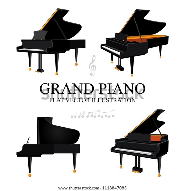 グランドピアノ グランドピアノのフラットなアイソメベクターイラストセット 異なる視角のグランドピアノ 音楽キーとノート クラシック音楽 のコンセプト のベクター画像素材 ロイヤリティフリー