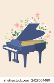 Grand piano and flowers illustration.