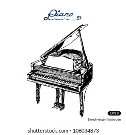 Grand piano. Hand drawn sketch illustration isolated on white background