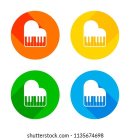 Grand piano icon. Flat white icon on colored circles background. Four different long shadows in each corners