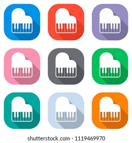 Grand piano icon. Set of white icons on colored squares for applications. Seamless and pattern for poster