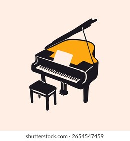 Ícone do piano de cauda. Instrumento musical de corda. Ilustração Vetor moderna desenhada à mão. Escola de música, banda de jazz, conceito de orquestra clássica. Elemento de design isolado. Logotipo, impressão, cartão, modelo de design