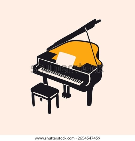 Grand piano icon. String musical instrument. Hand drawn modern Vector illustration. Music school, jazz band, classical orchestra concept. Isolated design element. Logo, print, card, design template