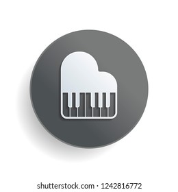 Grand piano icon. White paper symbol on gray round button or badge with shadow