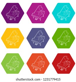 Grand piano icons 9 set coloful isolated on white for web