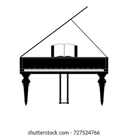 Grand piano isolated black silhouette in frontal view with correct quantity of black and white keys in right order. Classic music instrument. Vector illustration