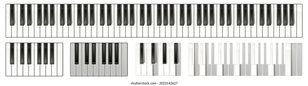 Grand piano keyboard with 88 keys. Musical instrument layout with active keys for animation. Realistic vector illustration