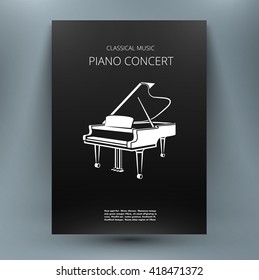 Grand piano music media design template for publication, advertisement, concert, contest, competition, teach-yourself book. Black and white style. A4 brochure title sheet. First start page of book.