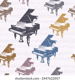 Grand Piano and musical notes. Seamless pattern. Abstract vector background with a musical theme for textiles, interiors, cotton fabric, wrapping paper