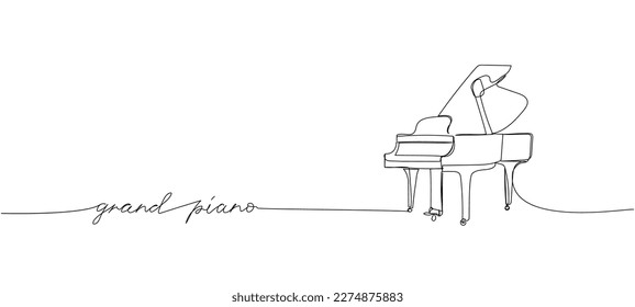 Grand piano one line art. Continuous line drawing of classical, musician, acoustic, piano, chord, antique, music, keyboard, jazz, classic with an inscription, lettering, handwritten.