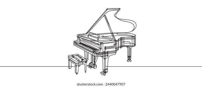 grand piano one line graphic illustration, minimalist style, grand piano with chair one line