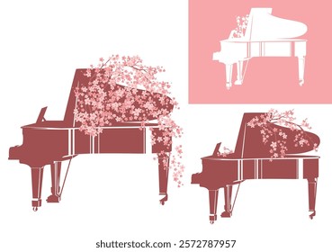 grand piano for outdoors classical music concert or spring festival decorated with sakura tree branches covered with pink flower blossom vector design set